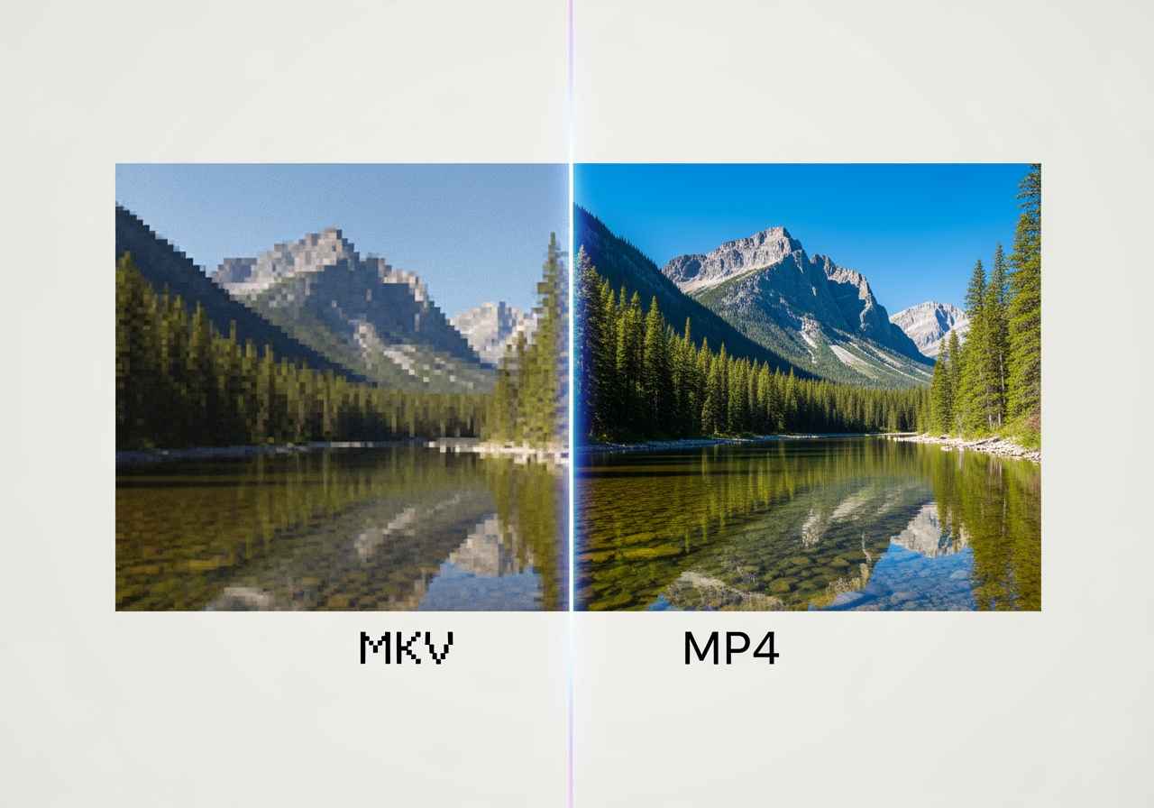 Geteiltes Bild, das das weniger kompatible Format von MKV im Vergleich zur scharfen, modernen Ausgabe von MP4 zeigt.