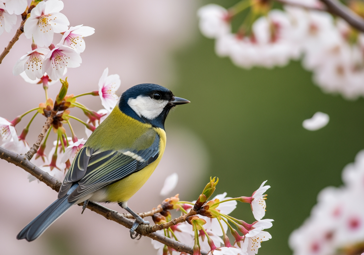 Hyperrealistisches Nahaufnahme-Foto einer Kohlmeise auf einem blühenden Kirschblütenzweig