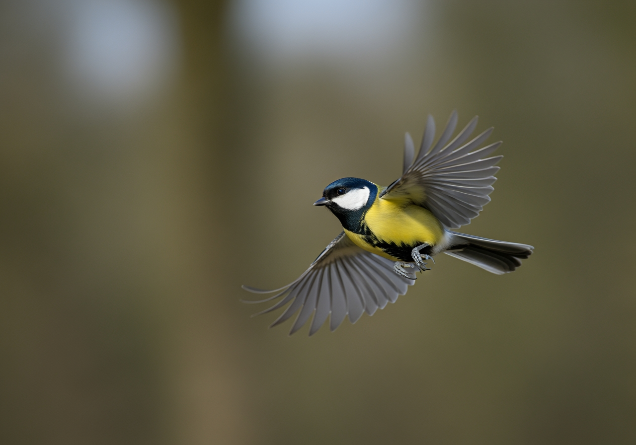 Dynamische Action-Aufnahme einer Kohlmeise im Flug, unscharfer natürlicher Hintergrund