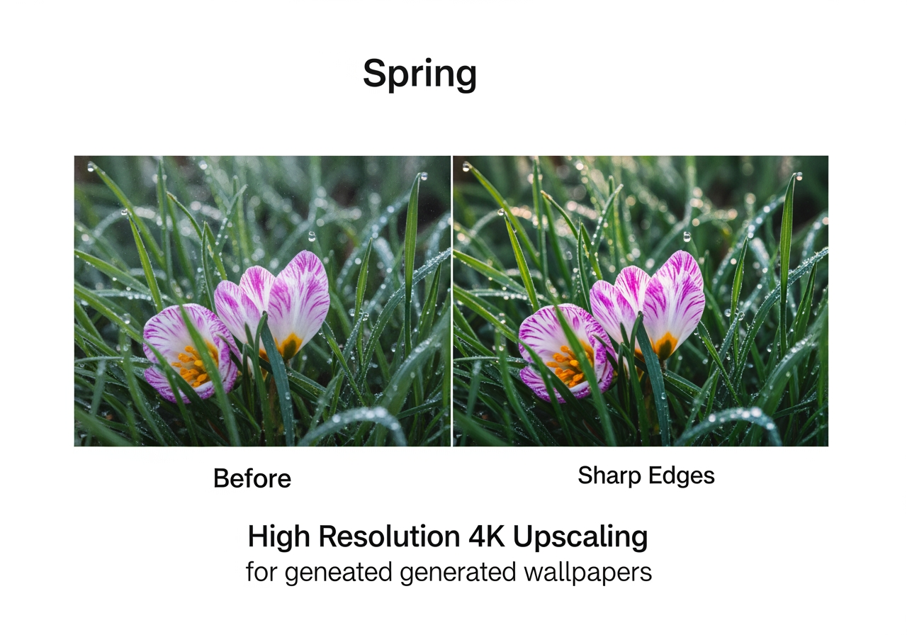 標準解像度の春の壁紙と4Kアップスケール版を比較し、鮮明さとディテールの向上を強調。