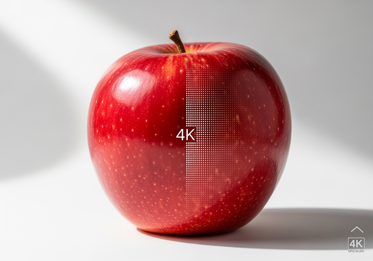 Illustrazione dettagliata di una mela ad alta risoluzione che mostra le capacità di upscaling 4K
