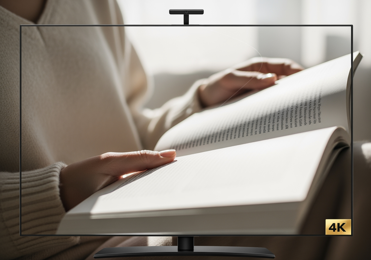 Vista de perto de uma imagem ampliada para 4K mostrando detalhes nítidos de uma serena cena de manhã de domingo.