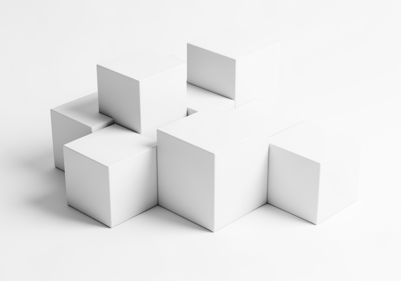 Rendering 3D minimalista di cubi geometrici bianchi astratti