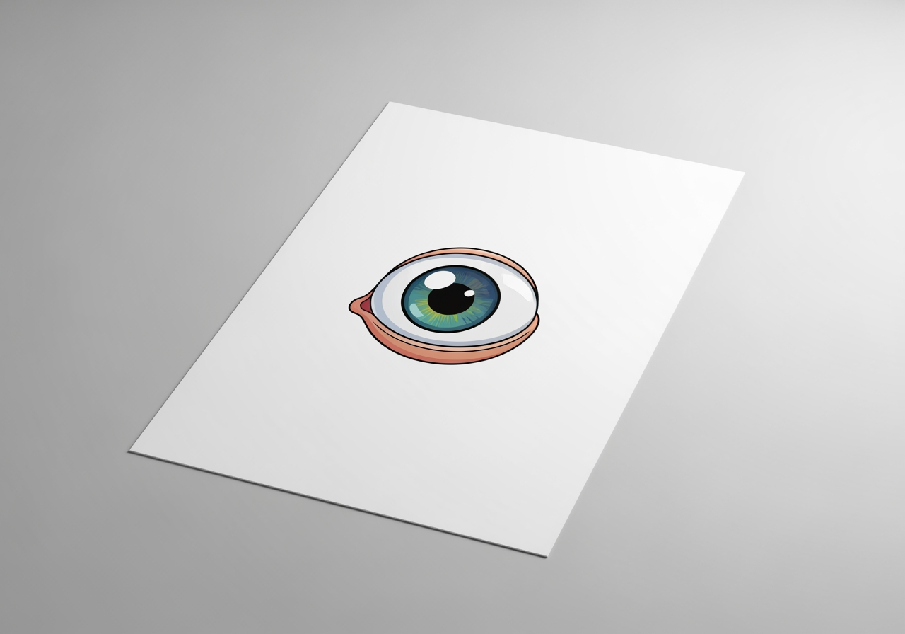 Imagen de ojo de dibujo animado 4K ampliada integrada en una maqueta de diseño gráfico profesional, enfatizando alta resolución.