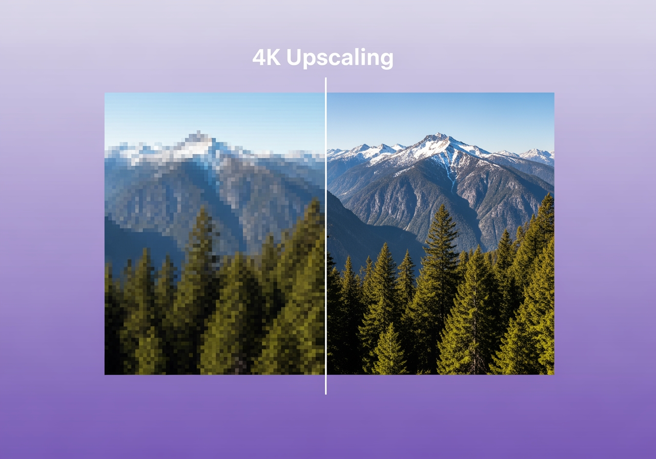 Immagine divisa che dimostra l'upscaling 4K per sfondi, mostrando qualità pixelata rispetto a qualità cristallina.