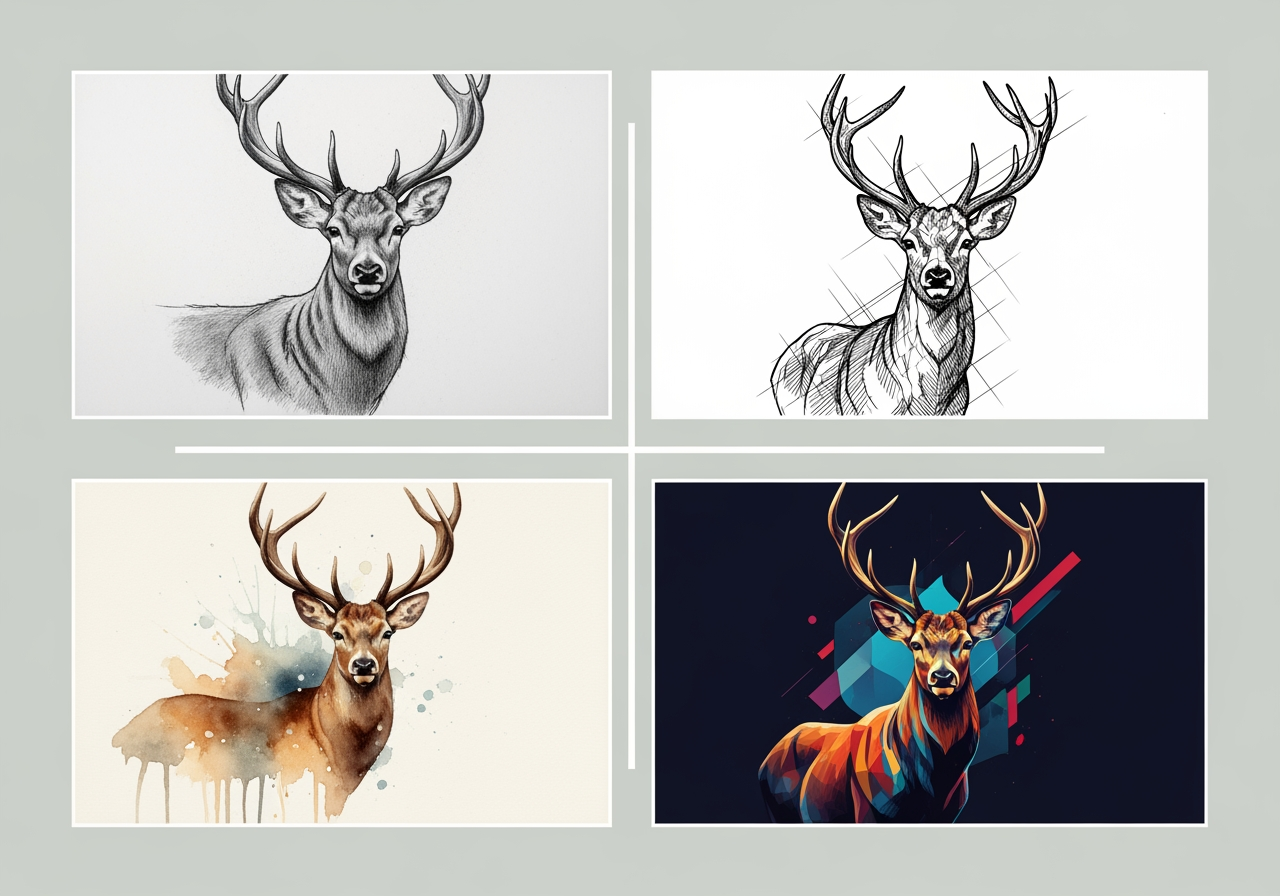 各种风格的鹿绘画,从素描到水彩。