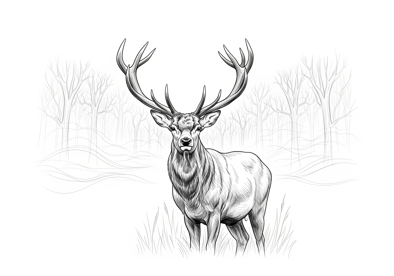 雾林中站立的雄伟鹿的铅笔素描。