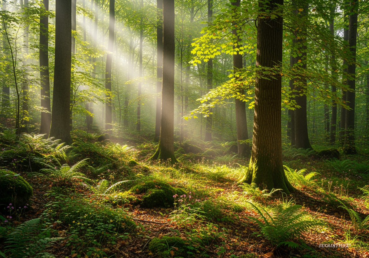 阳光穿透的,郁郁葱葱且宁静的森林背景图。