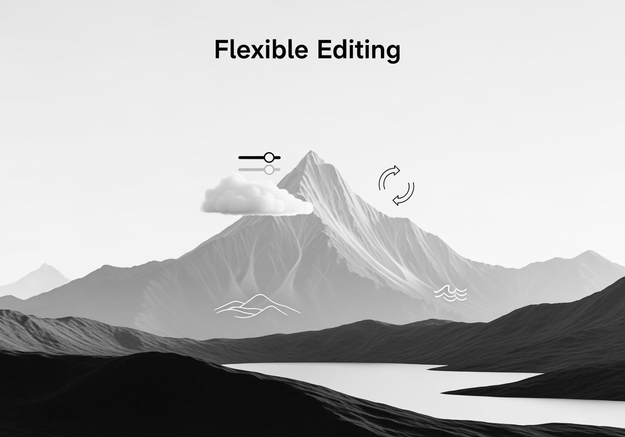 Visuals illustrating flexible editing of mountain landscape elements like height, clouds, and water.