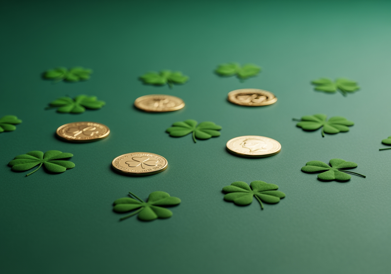 Fundo limpo e moderno com tema do Dia de São Patrício, com trevos de quatro folhas e moedas de ouro.