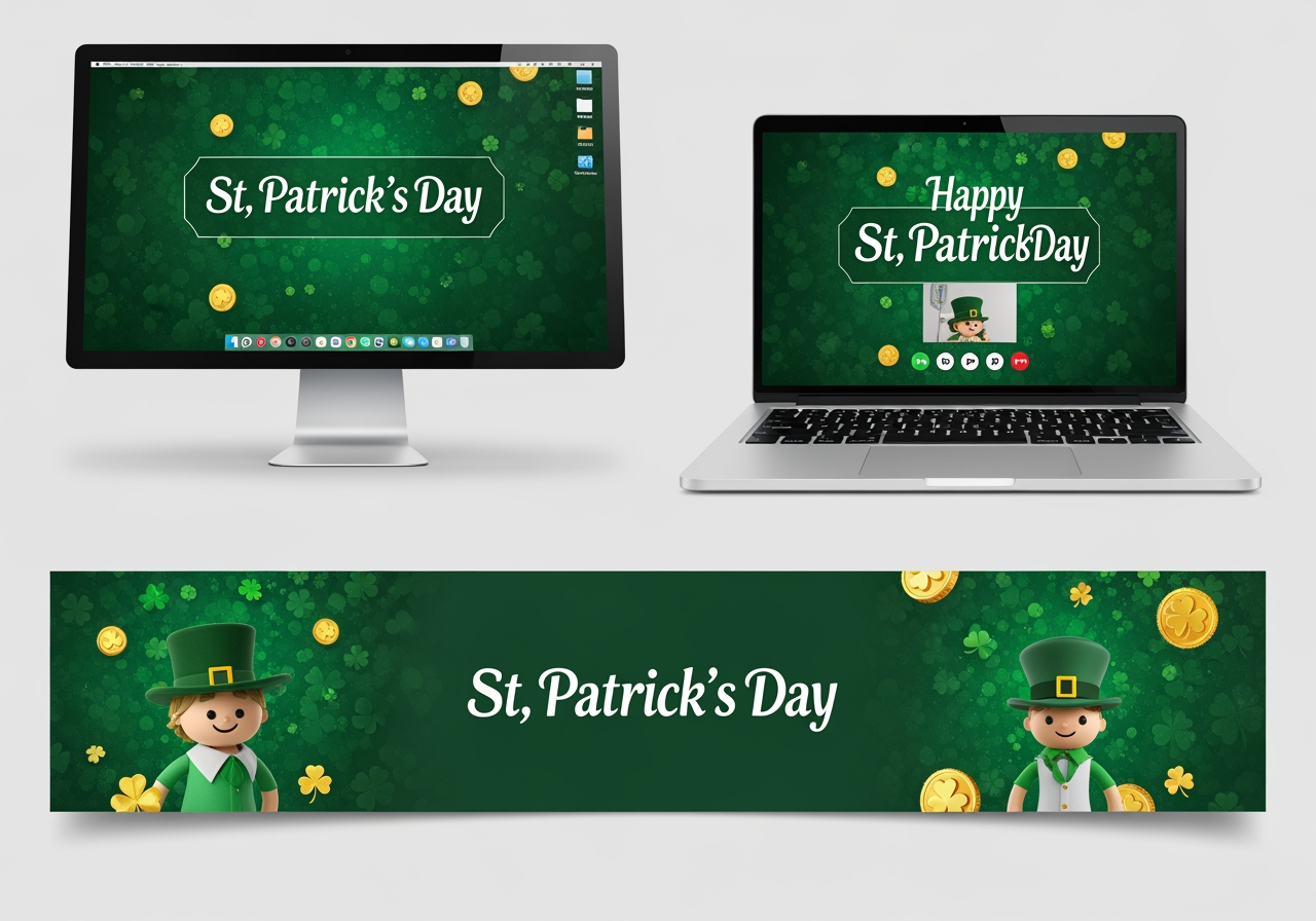 Usos versáteis de fundos para o Dia de São Patrício: desktop, reunião virtual e mídias sociais.