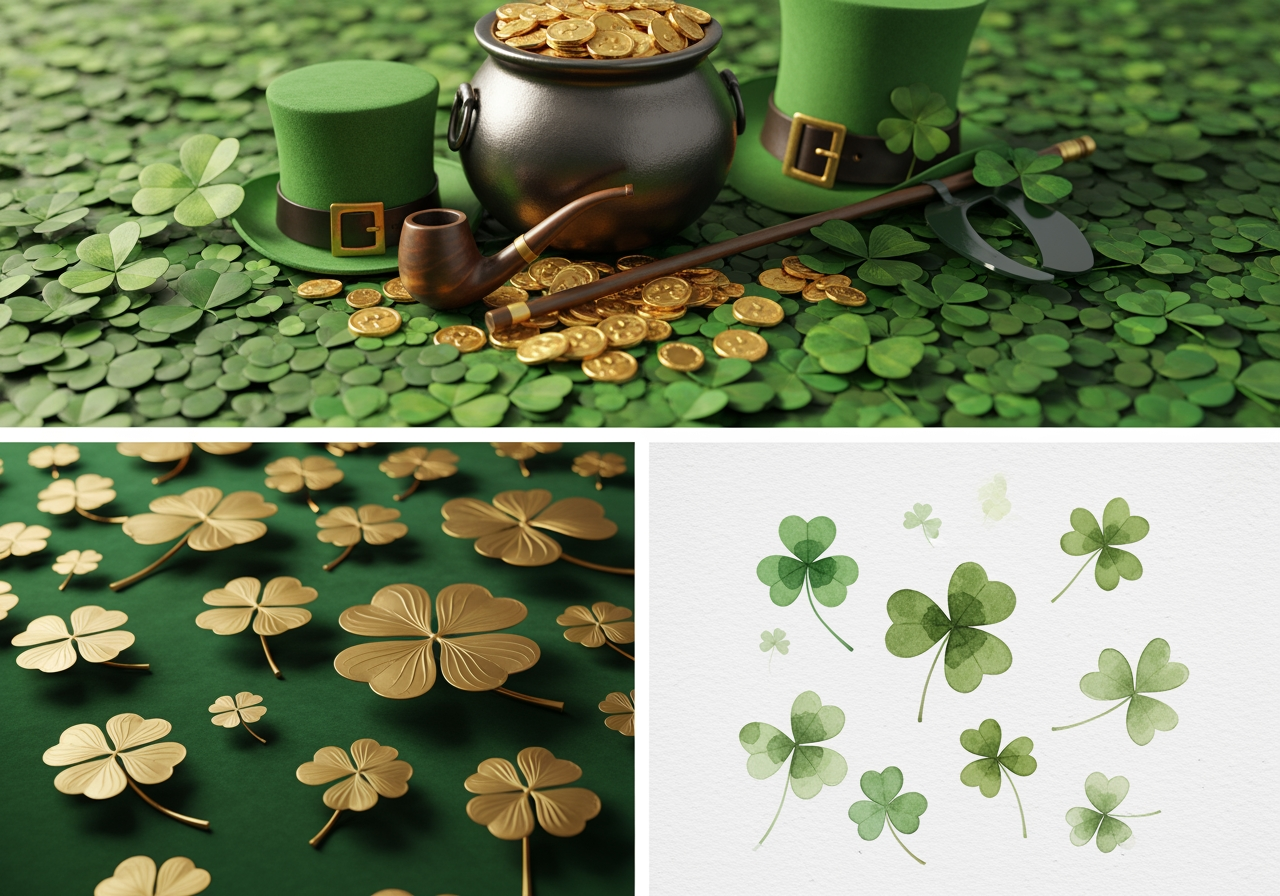 Diversos estilos de arte de fundos para o Dia de São Patrício: fotorrealista, 3D e aquarela.