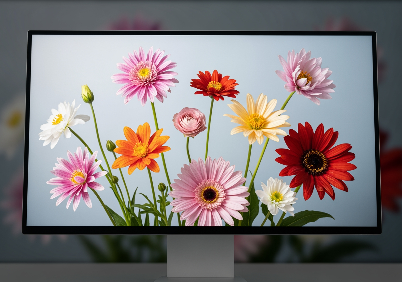 대형 모니터에 표시된 고해상도 4K 꽃 배경화면