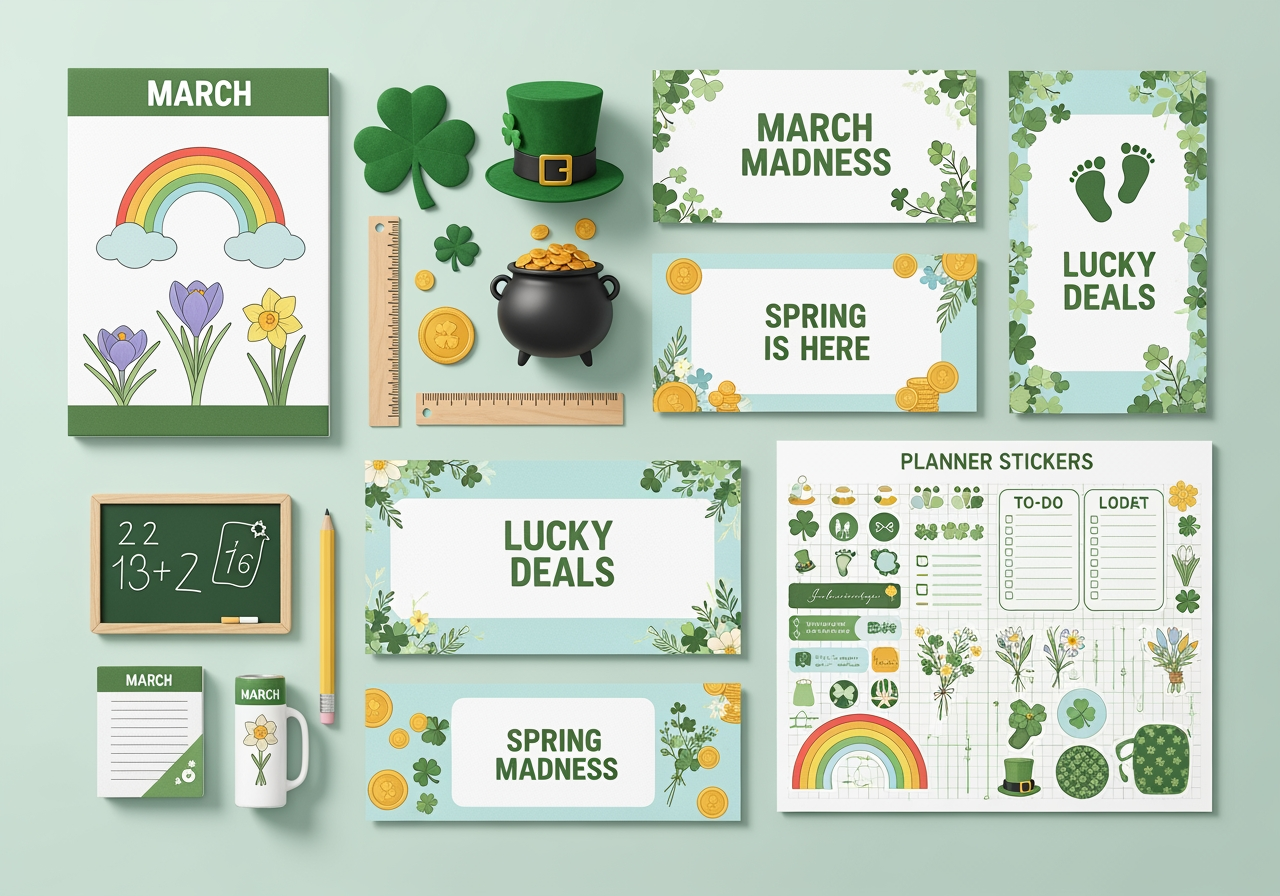 三月剪贴画的各种用途示例：教育、社交媒体、计划本装饰。