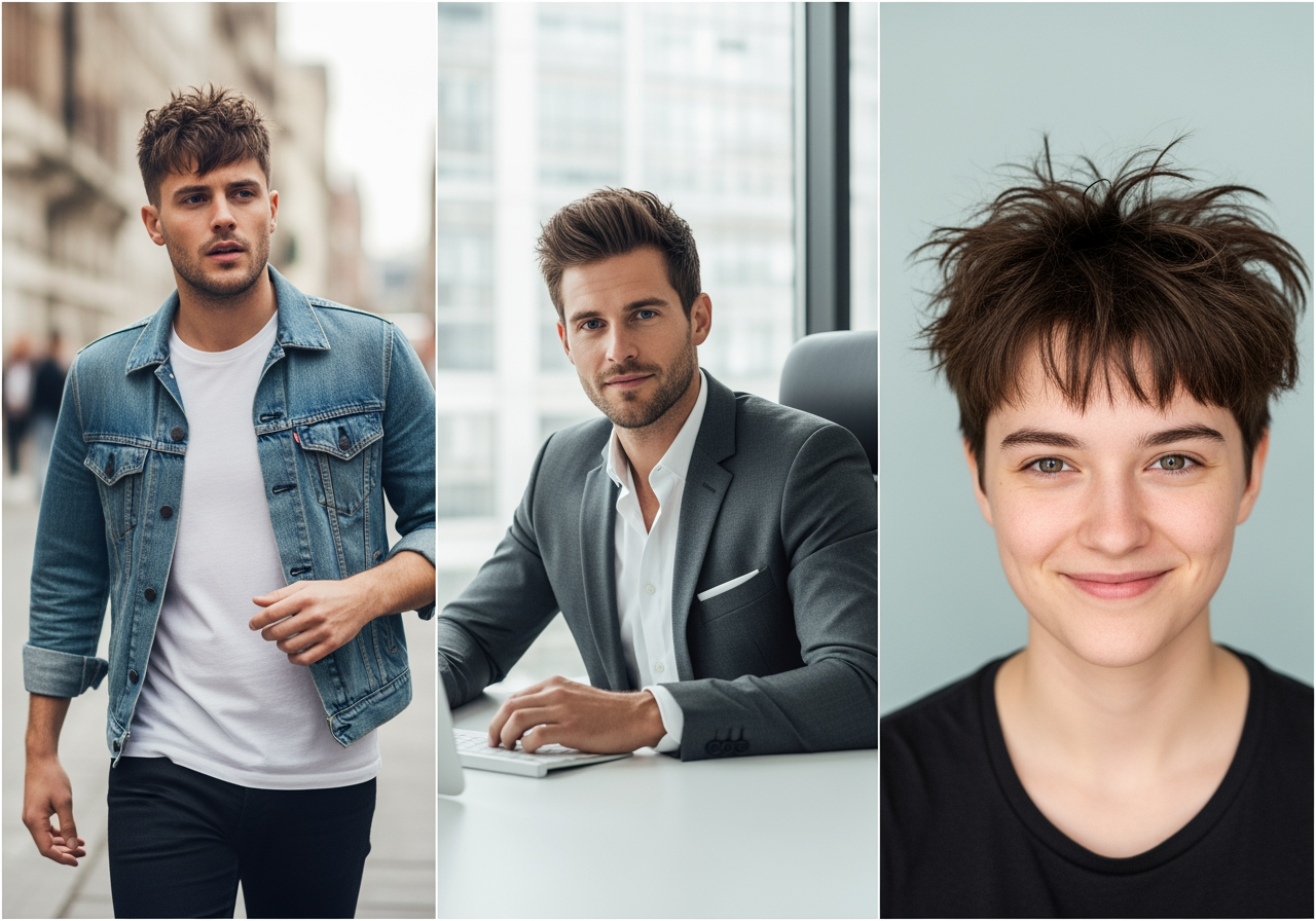 展示各种应用的凌乱感刘海风格拼贴，如沙龙参考、社交媒体头像和时尚造型手册