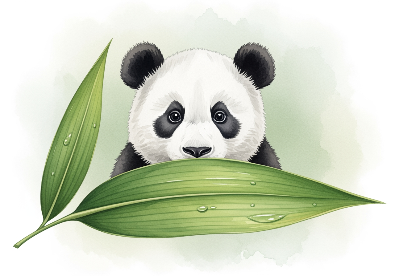 Uma suave ilustração em aquarela de um bebê panda espreitando por trás de uma grande folha de bambu.