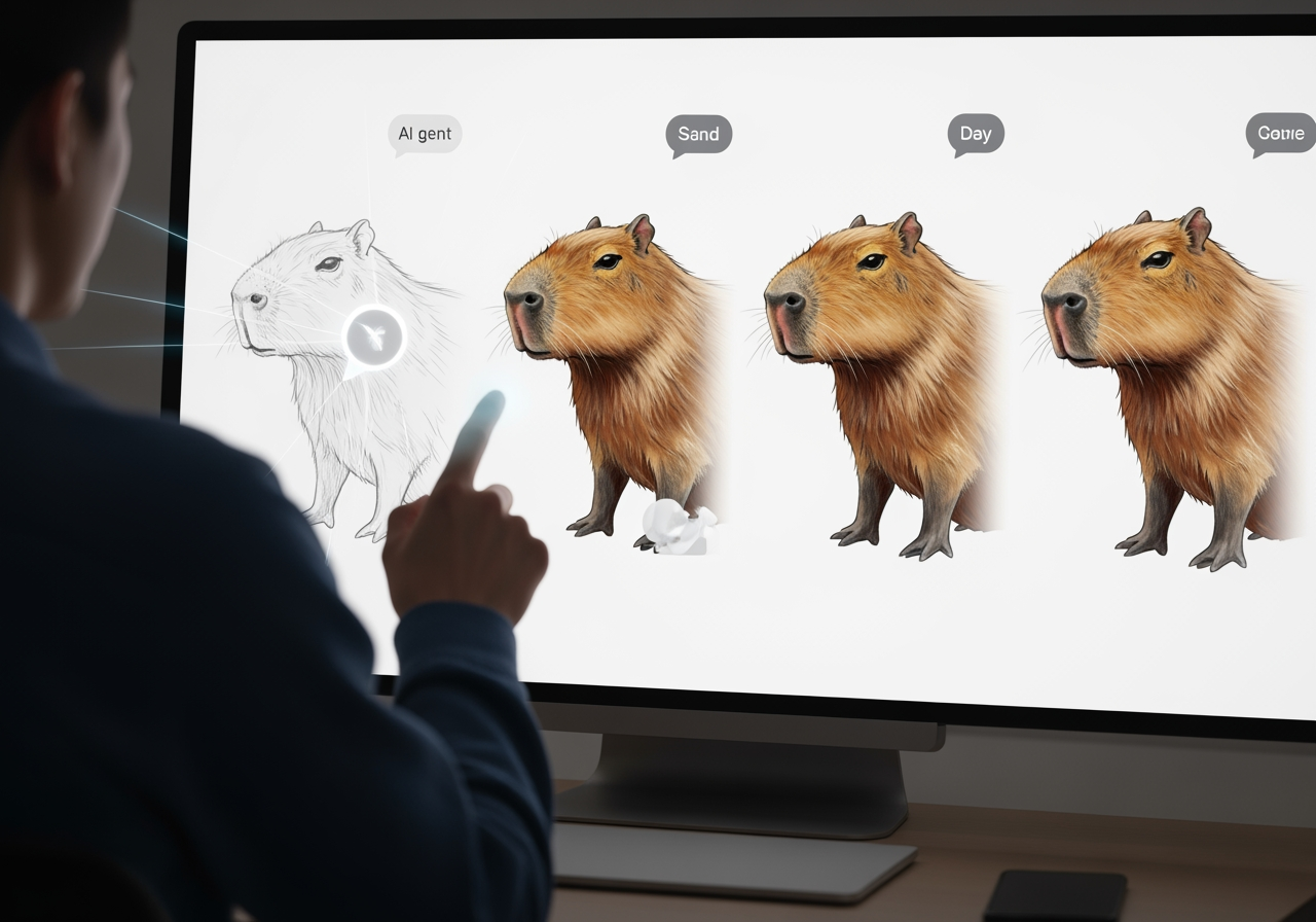 Una rappresentazione astratta e minimalista di un'interfaccia IA che facilita la modifica conversazionale di un disegno di capibara, mostrando l'evoluzione del disegno. Rapporto d'aspetto 4:3.