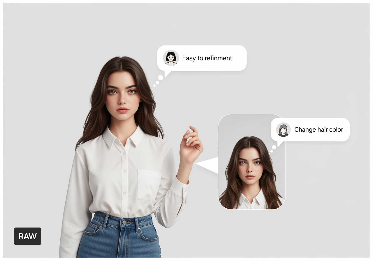 Metafora visiva per l'editing di immagini AI conversazionale: un'immagine di una ragazza carina viene rifinita con sottili indicazioni dell'interfaccia utente, enfatizzando la facilità di modifica. Design pulito e minimalista, rapporto d'aspetto 4:3.