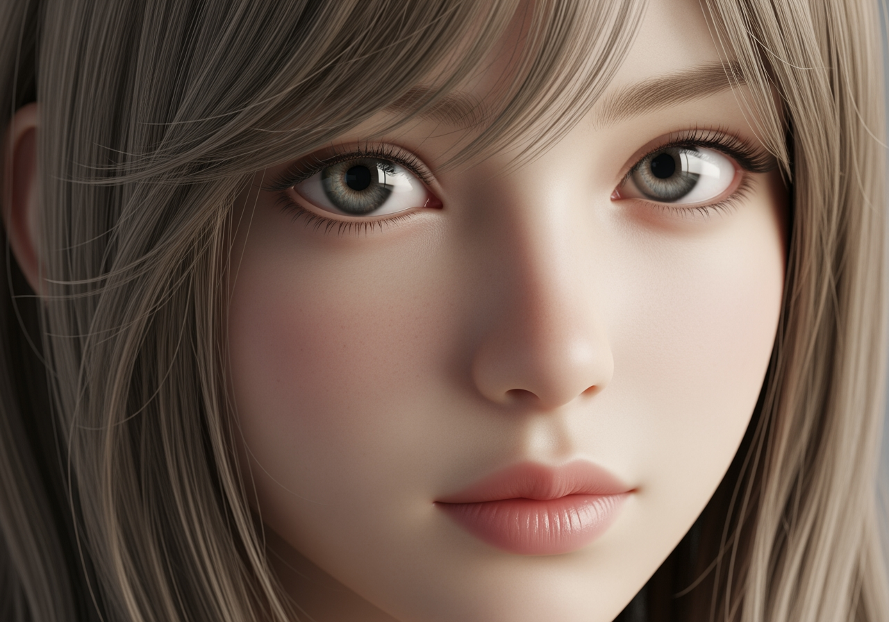 Immagine ingrandita ad alta risoluzione di una ragazza carina, che mostra caratteristiche dettagliate e nitidezza. Estetica pulita e minimalista, qualità fotografica professionale, rapporto d'aspetto 4:3.
