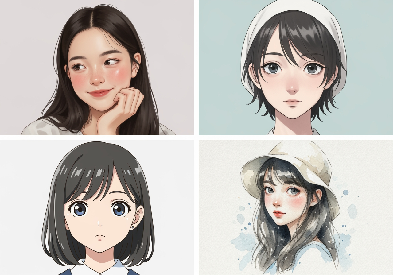 Diversi stili artistici per la generazione di immagini di ragazze carine, tra cui realistico, anime e acquerello, presentati in un design pulito e minimalista. Alta risoluzione, rapporto d'aspetto 4:3.