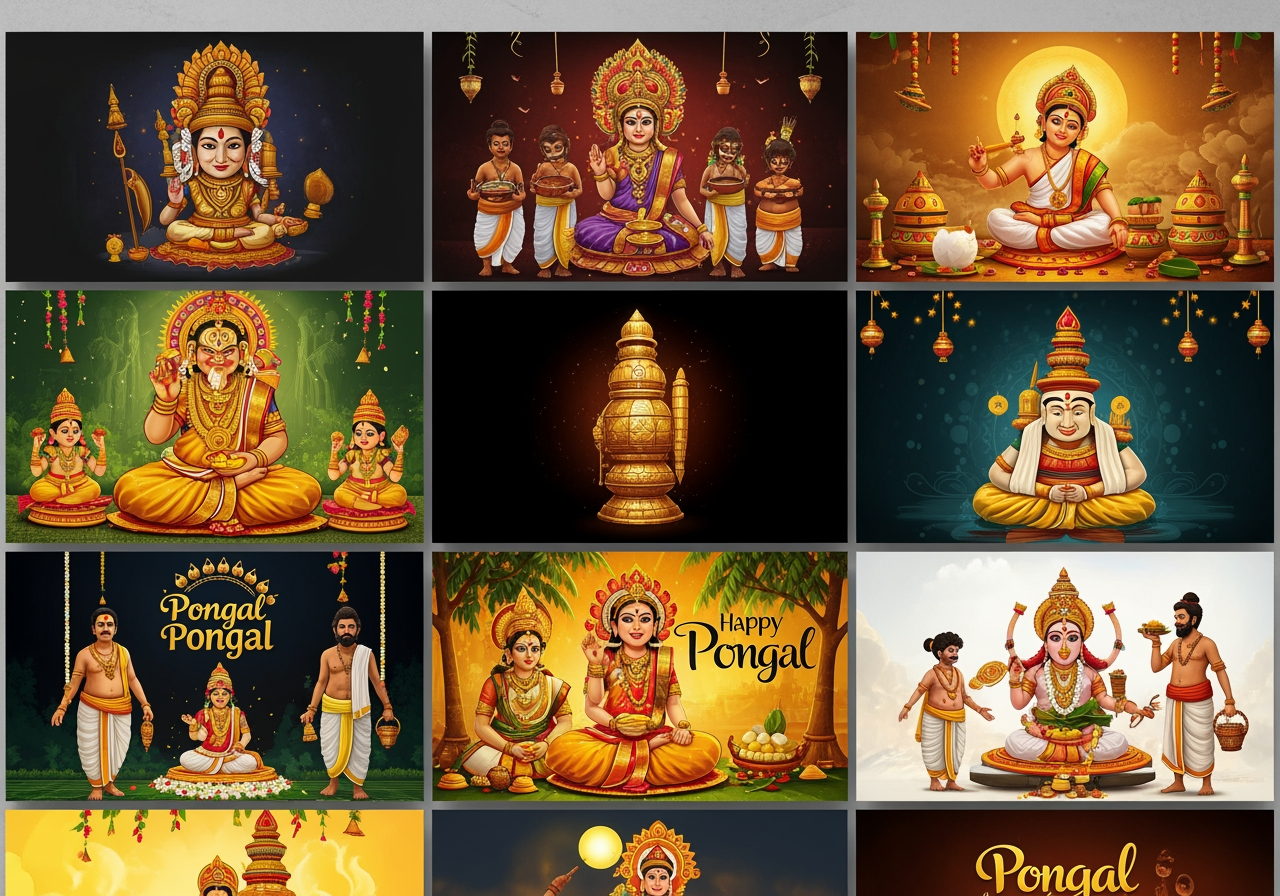 깨끗한 그리드에 배열된 다양하고 고화질의 4K 퐁갈 축제 이미지 콜라주