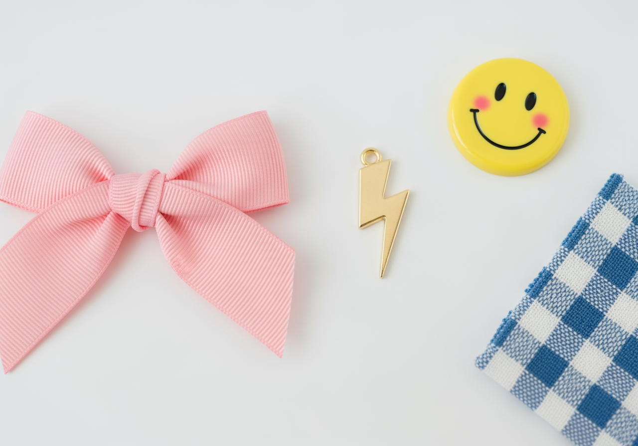 Disposizione creativa di elementi di design preppy come nastri, icone e motivi.