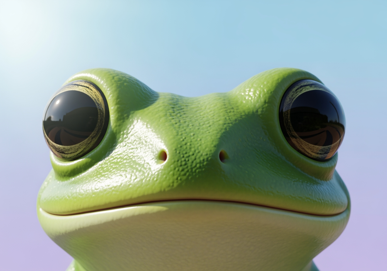 Primo piano fotorrealistico del viso di una rana carina con occhi espressivi.