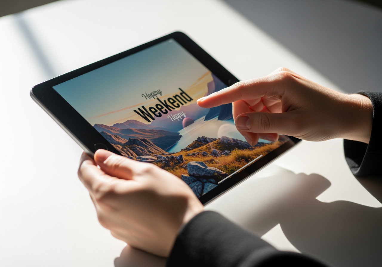 週末の挨拶画像が表示されたタブレットを持つ手、共有を象徴。