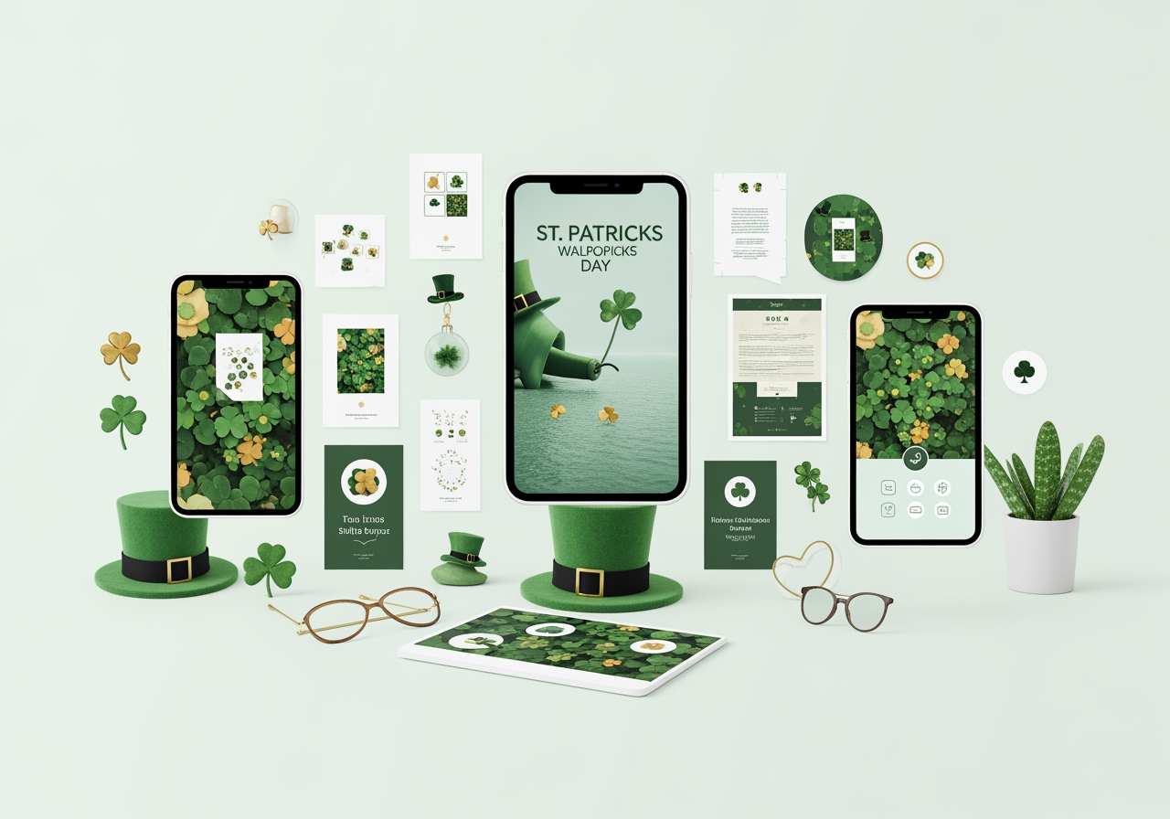 セント・パトリックス・デー用の緑と金色のデジタルアセット（壁紙、アイコン、デザイン要素）のシームレスな統合、ミニマリストで用途が広い。