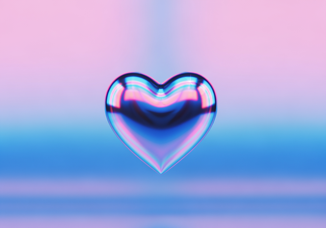 Fond d'écran minimaliste style Y2K avec un cœur 3D chromé sur un fond dégradé rose pastel et bleu.