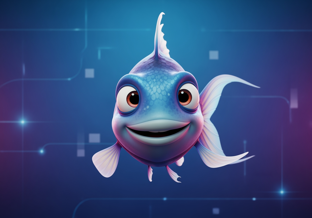 Cartoon fish character image upscaled to 4K resolution in a clean, abstract setting, 4:3 aspect ratio