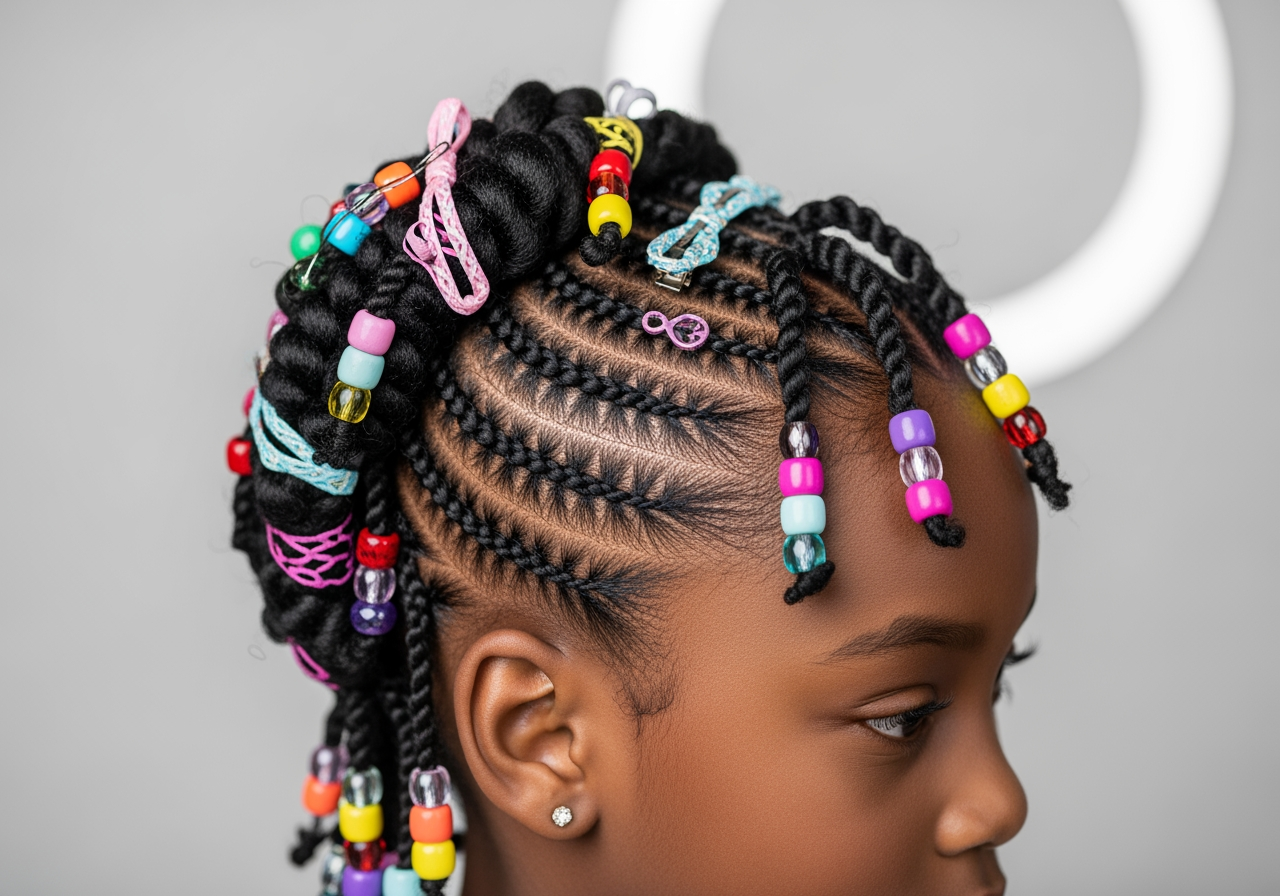 Black girl's braided hairstyle with colorful beads and accessories