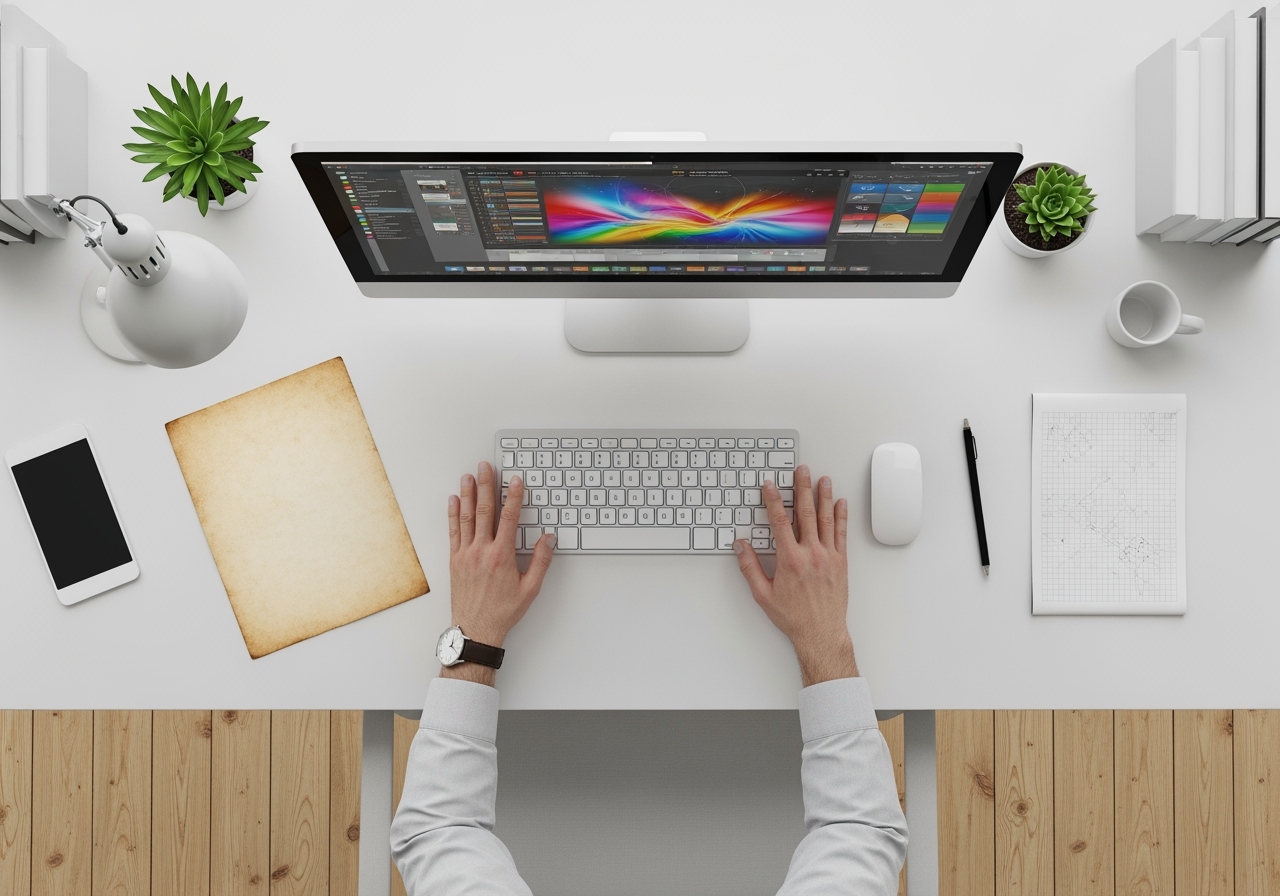 Visualisierung des kreativen Arbeitsablaufs, die Vintage-Papiertextur als digitales Asset in einem minimalistischen Arbeitsbereich zeigt.