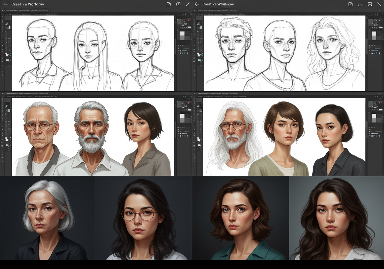 Flusso di lavoro creativo senza interruzioni, dallo schizzo al disegno di persona rifinito