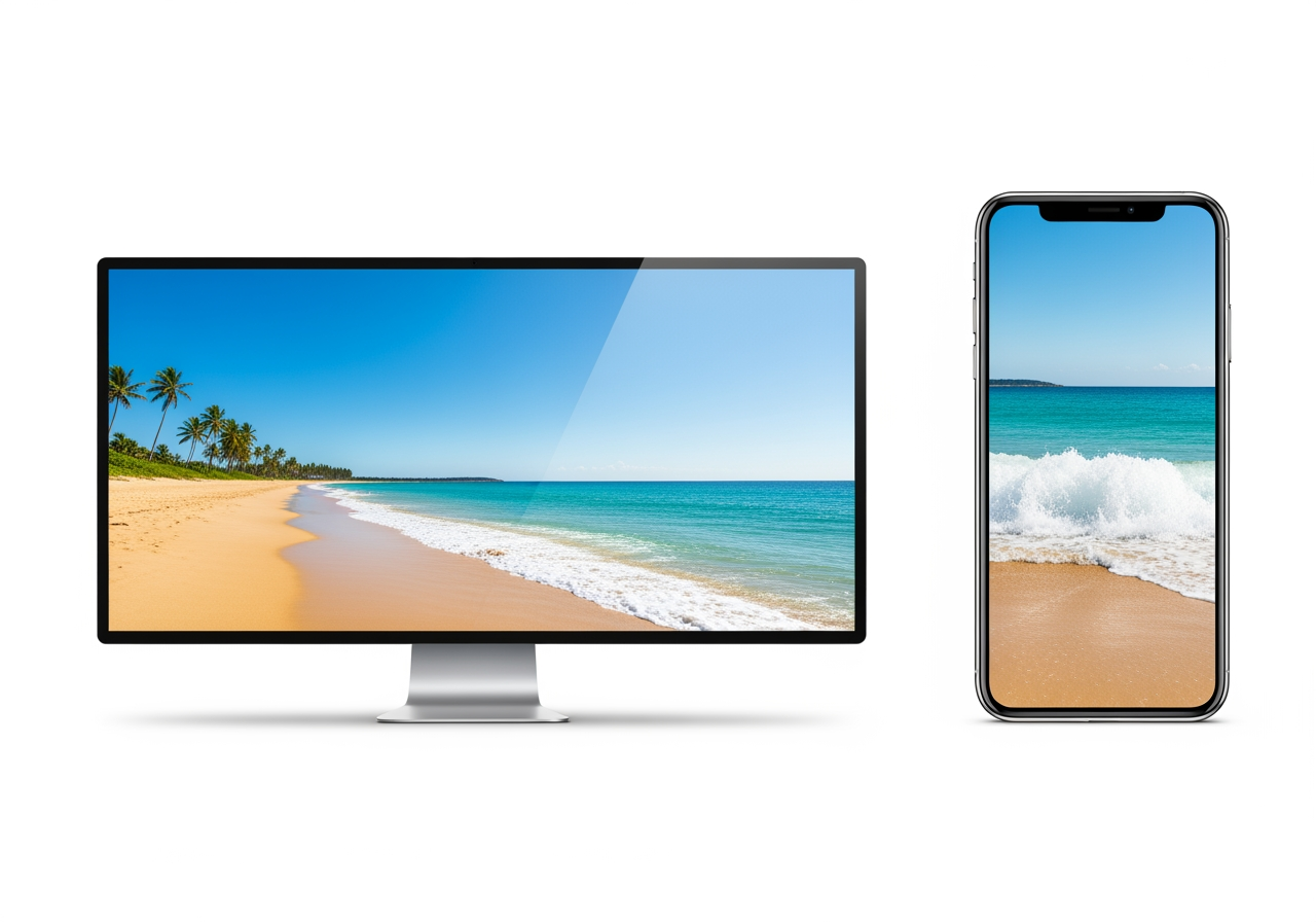 Scena di spiaggia estiva visualizzata in modo adattivo sia su un ampio monitor desktop che su uno schermo verticale per smartphone.