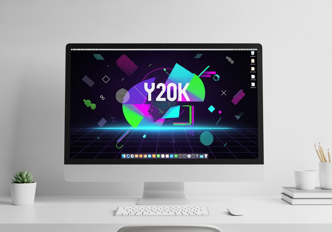 Écran d'ordinateur affichant un fond d'écran Y2K avec des éléments de glitch et de pixel art.