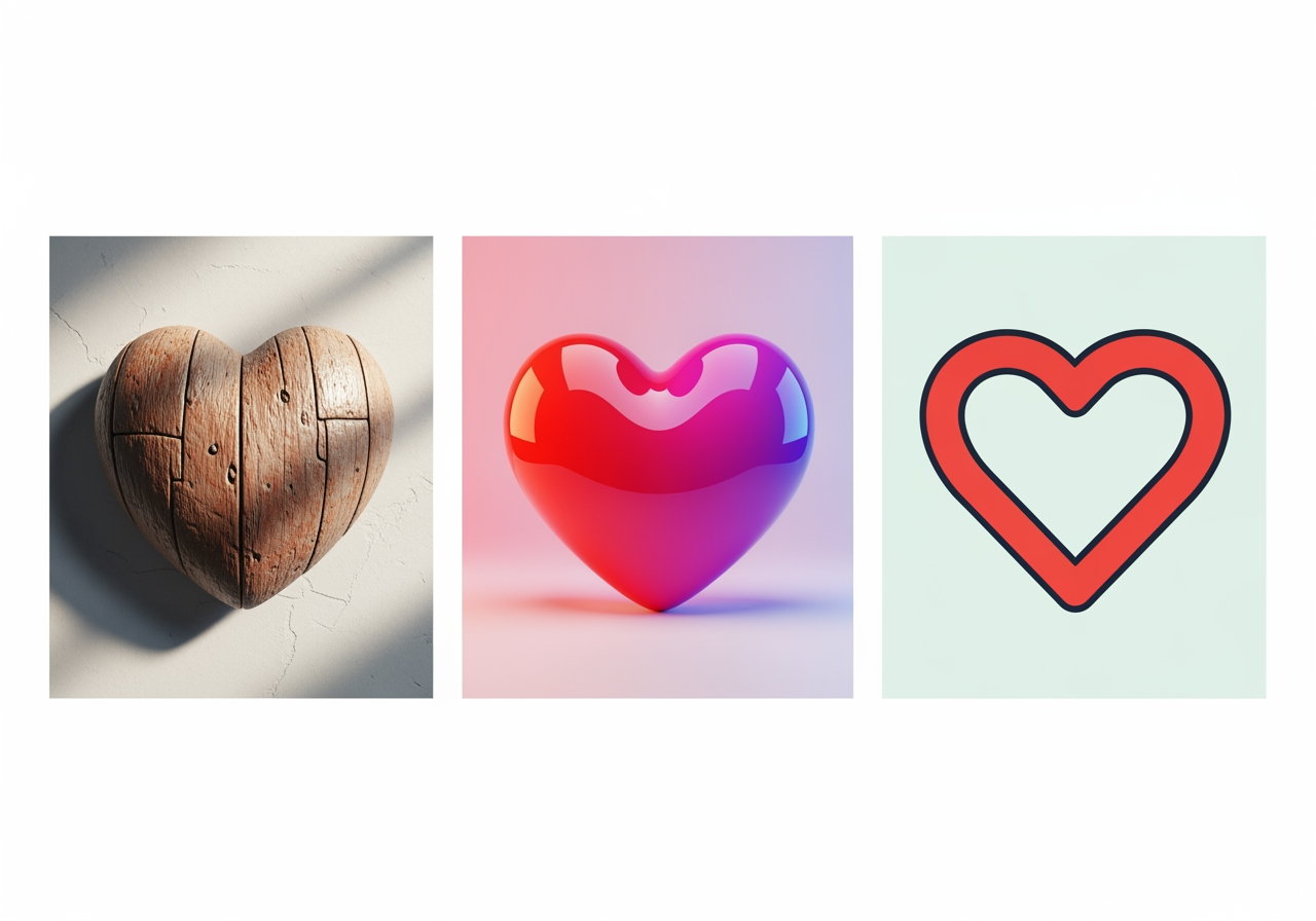 Estilos diversos de modelos de IA para papéis de parede de coração: fotorrealista, 3D e ilustração.