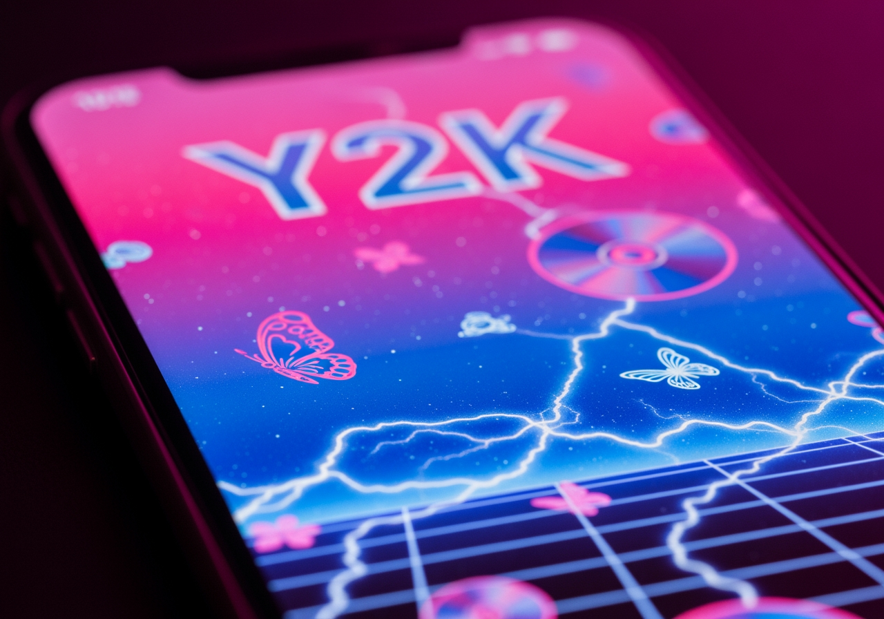 Écran de smartphone avec un fond d'écran Y2K vibrant présentant des dégradés néon et des motifs rétro.