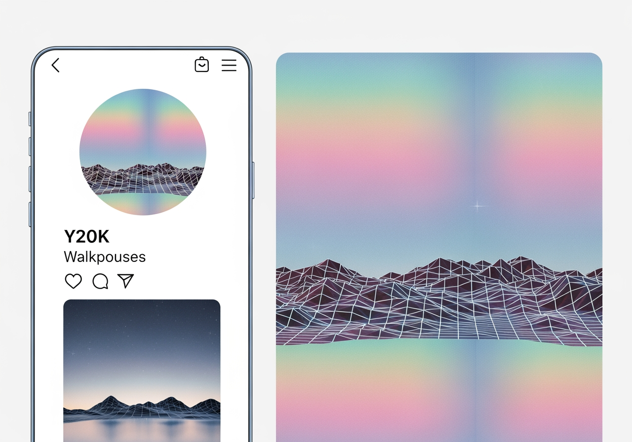 Maquette de profil de réseau social avec des fonds d'écran esthétiques Y2K, des textures holographiques et des accents chromés.