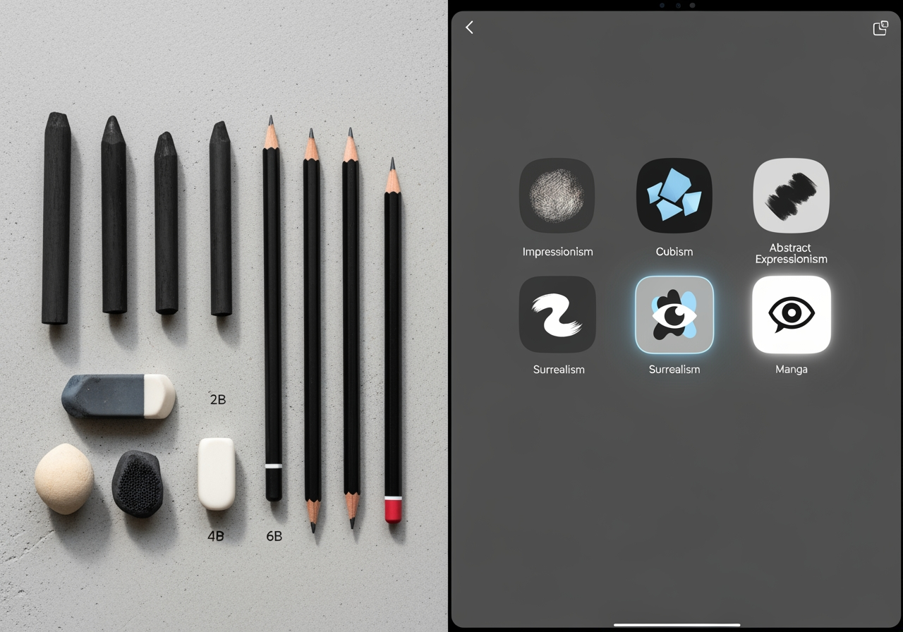 Confronto tra strumenti artistici tradizionali e interfacce moderne per la selezione dello stile AI.