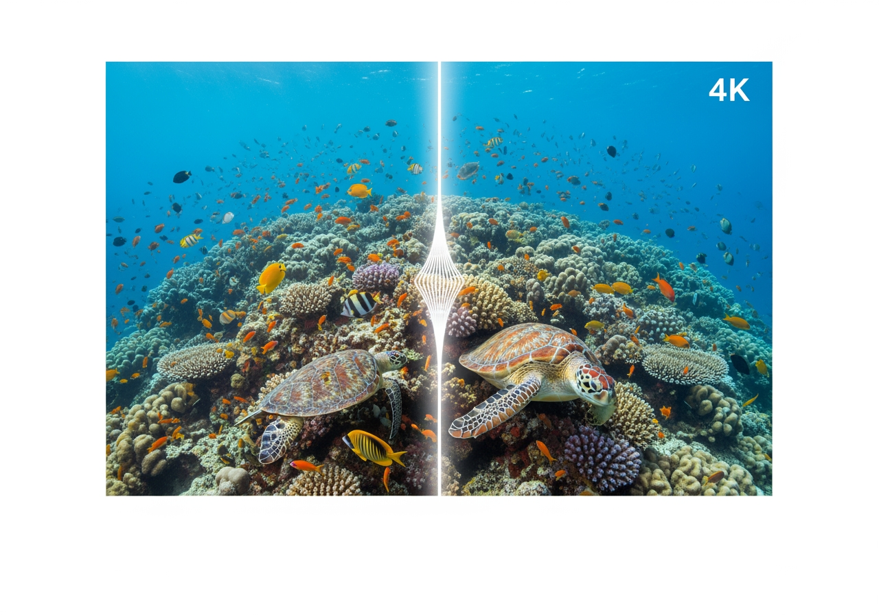 4K解像度にアップスケールされる鮮やかなサンゴ礁の画像