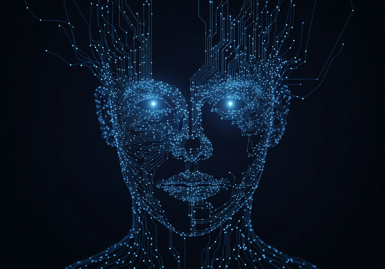 Volto digitale astratto che rappresenta un generatore di disegni di volti AI