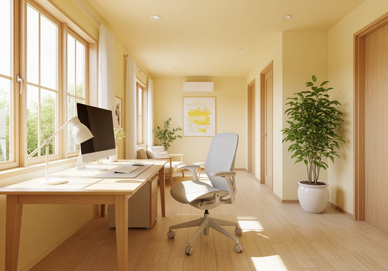 Raumvergrößernder Effekt: ein heller und luftiger Innenraum, in dem hellgelbe Wände und Akzente den Bereich größer und heller erscheinen lassen.