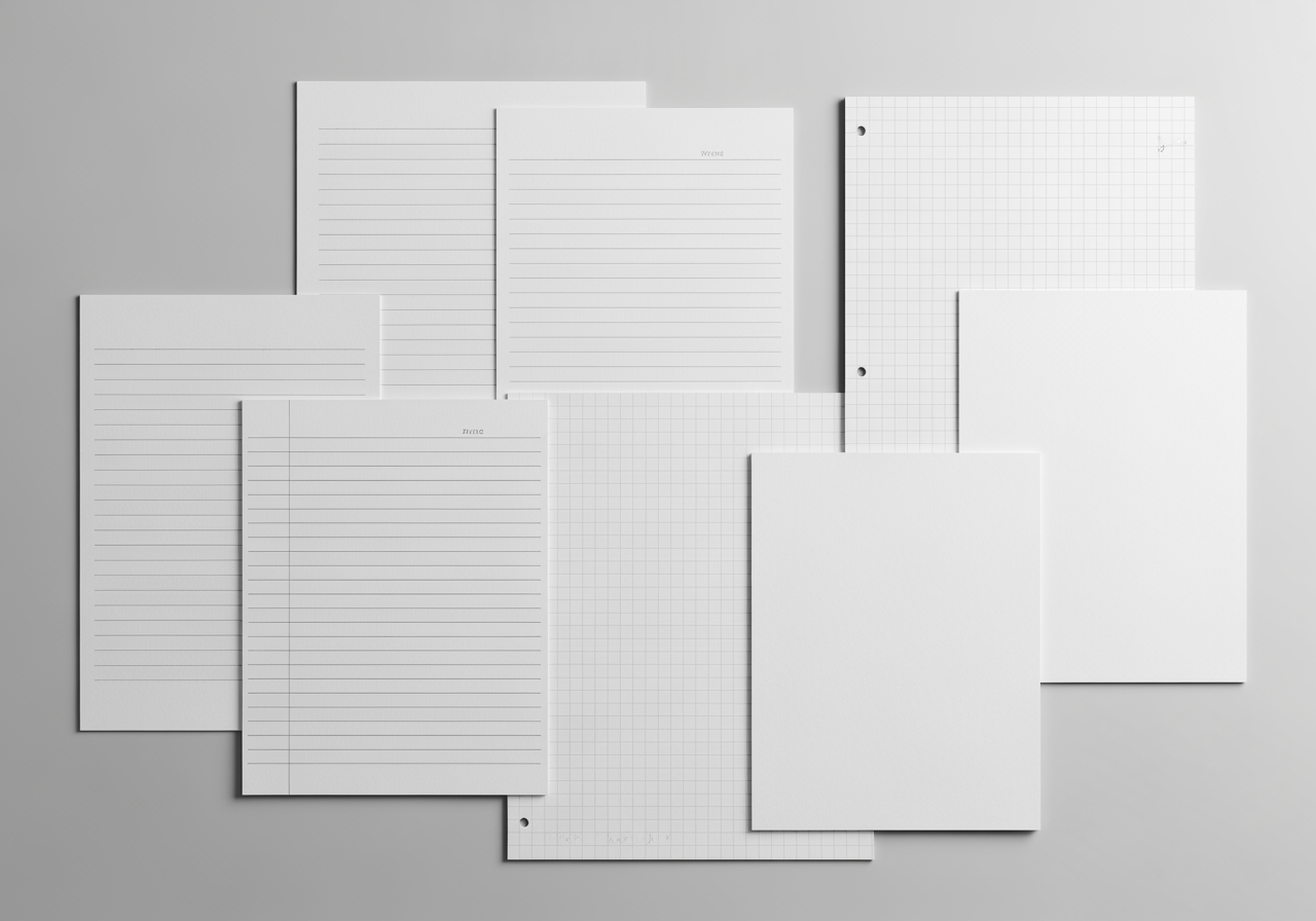 Miniaturansicht mit verschiedenen ordentlich angeordneten Notizbuchpapier-Stilen.