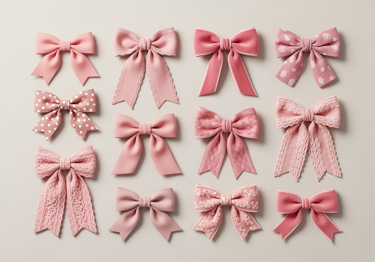 Diversos materiales de lazos rosas: seda, terciopelo, encaje