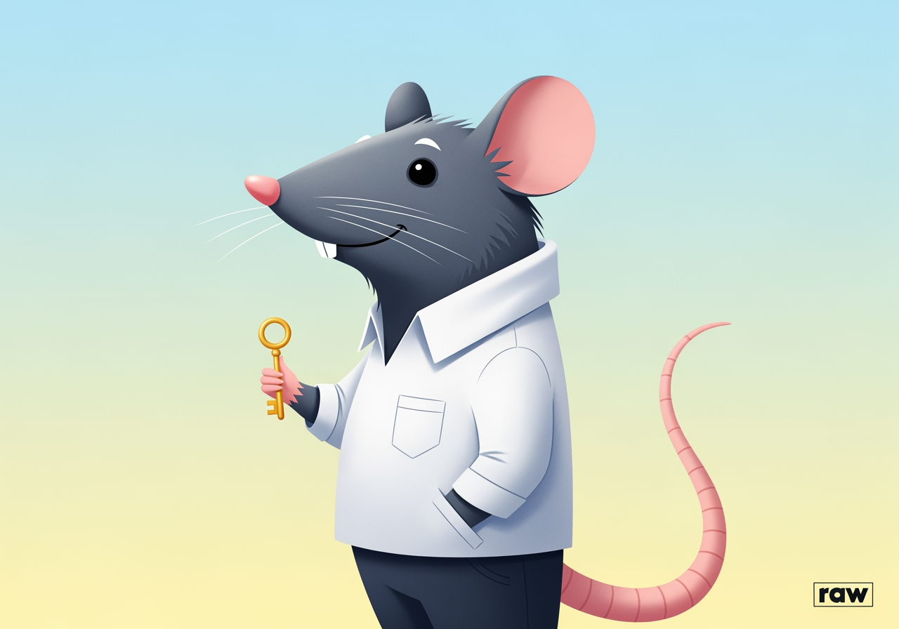 Illustration einer niedlichen Rattenfigur, die einen Schlüssel hält