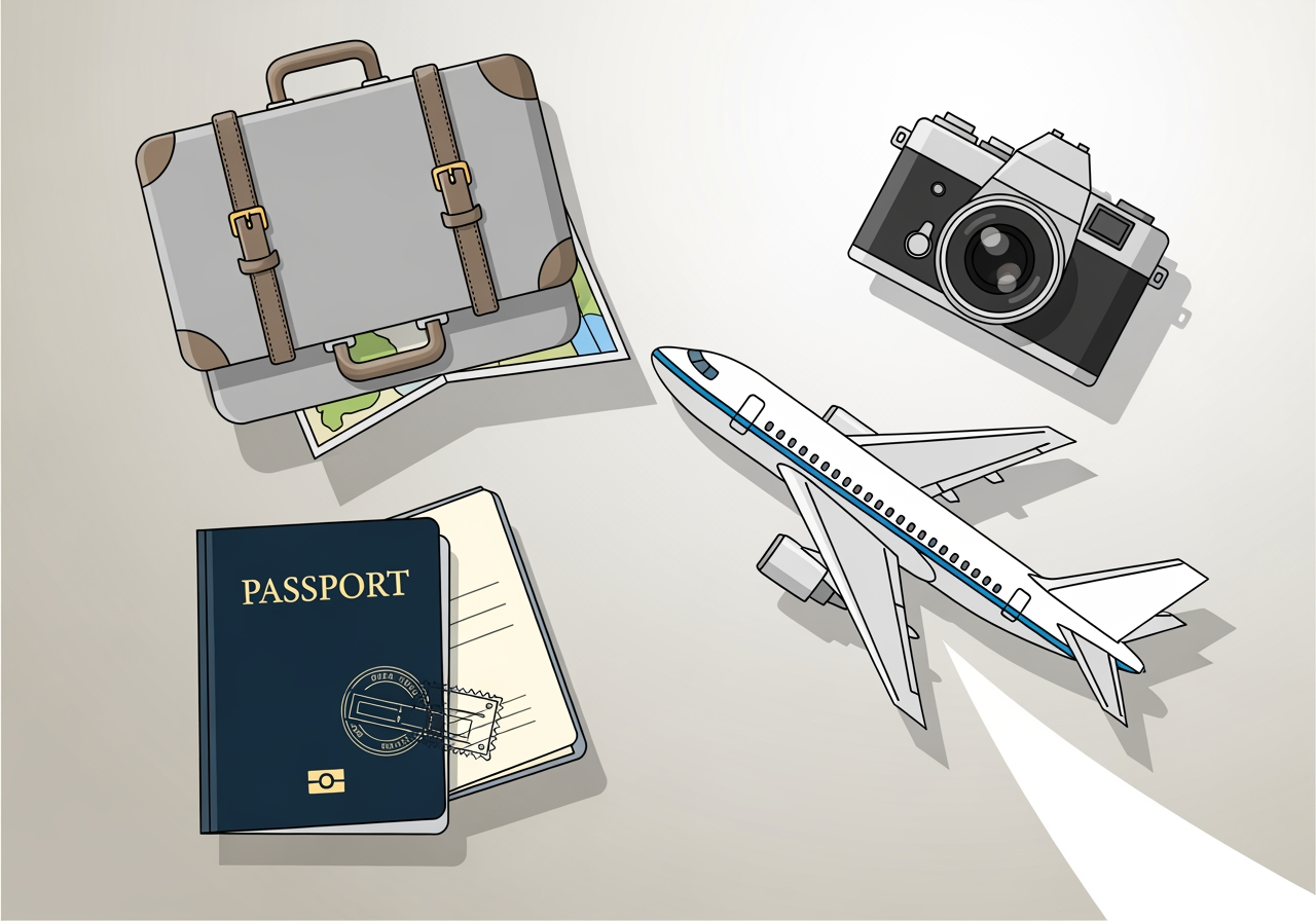 Ilustración limpia y moderna con varios iconos de viaje