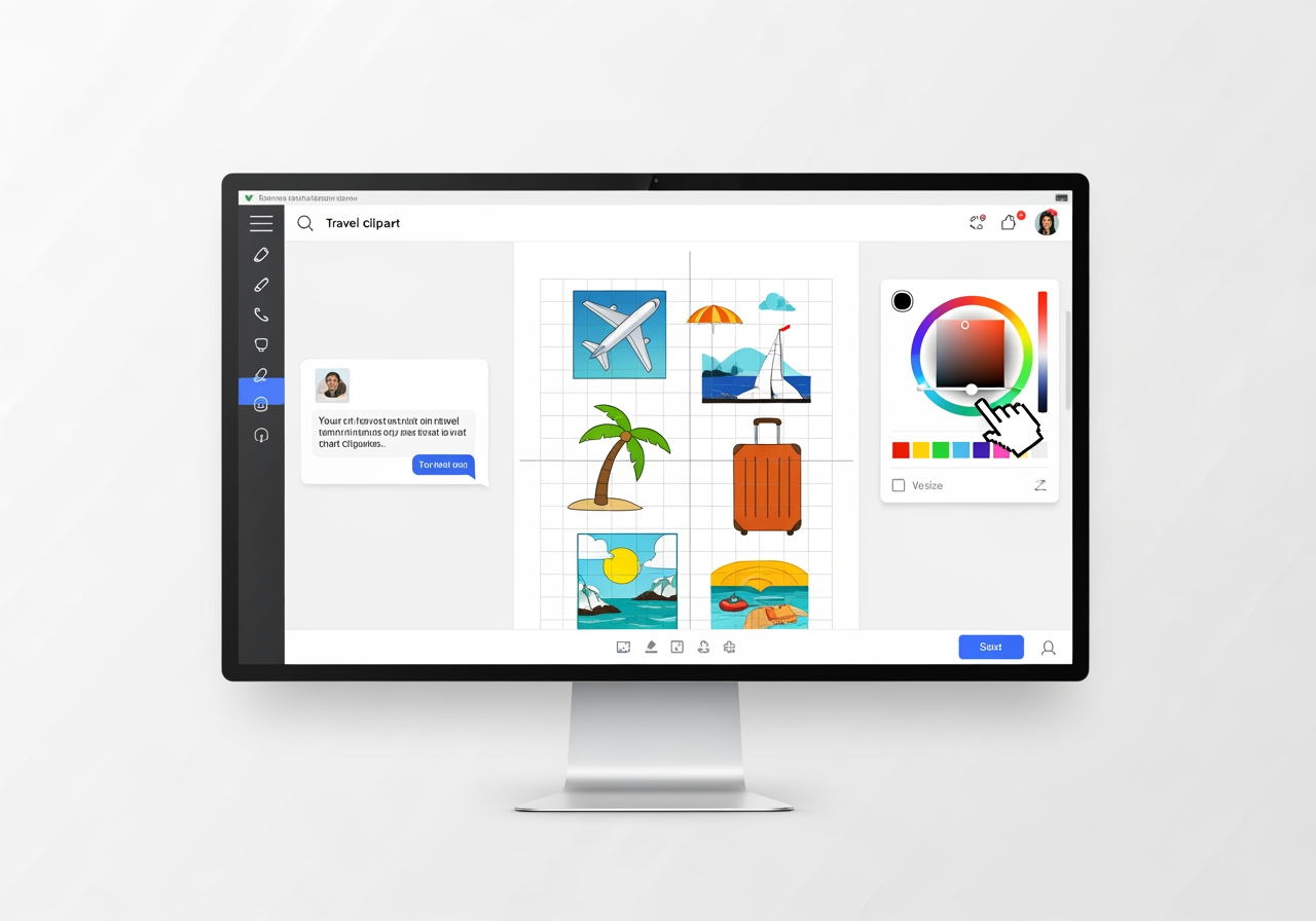 Interfaz de IA minimalista para ajustar elementos de clipart de viaje como colores y composición.