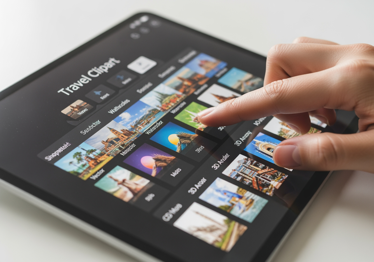 Una mano eligiendo un estilo de arte digital en una tableta para crear clipart de viajes, mostrando vector, acuarela y 3D.