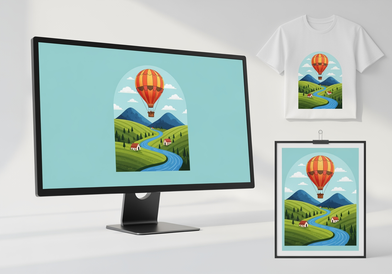 Clipart de viaje de alta resolución mostrado en una pantalla y como impresiones de mercancía (camiseta, póster).